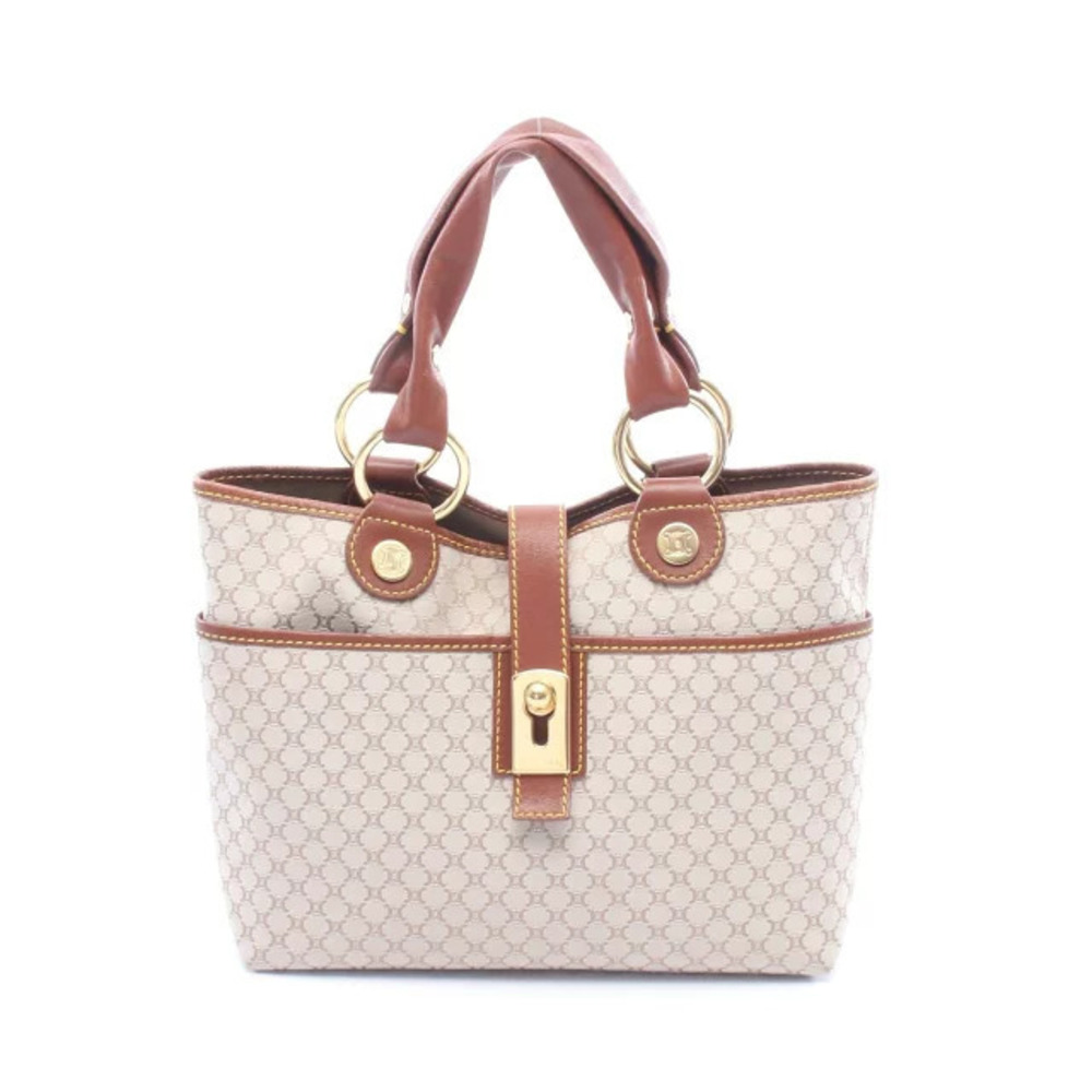Celine Macadam Handbag Canvas Leather Beige Cream Brown